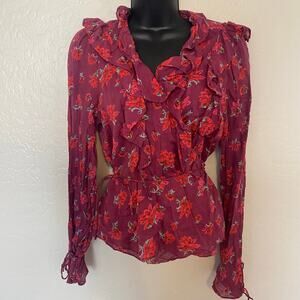Free People Long Sleeve Wrap Top Womens Size Large Cotton Floral Romantic Ruffle